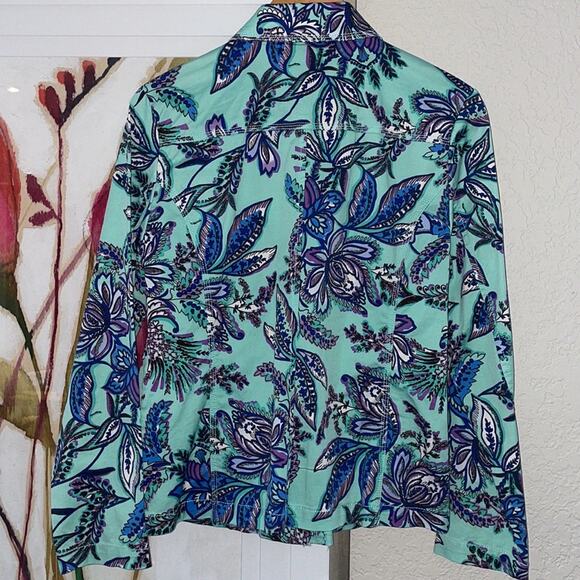 NEW Pappagallo Aqua Blue Floral Snap Front Jacket Nautical Coastal Vacation - Picture 4 of 6